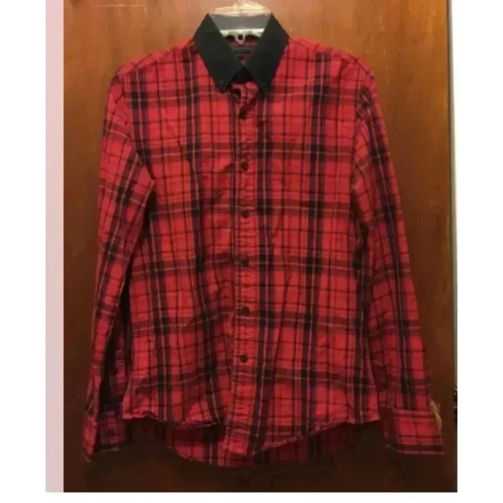 Men PUBLIC SCHOOL black Red Plaid Button Down L/s Cotton Shirt Sz Medium EUC Top